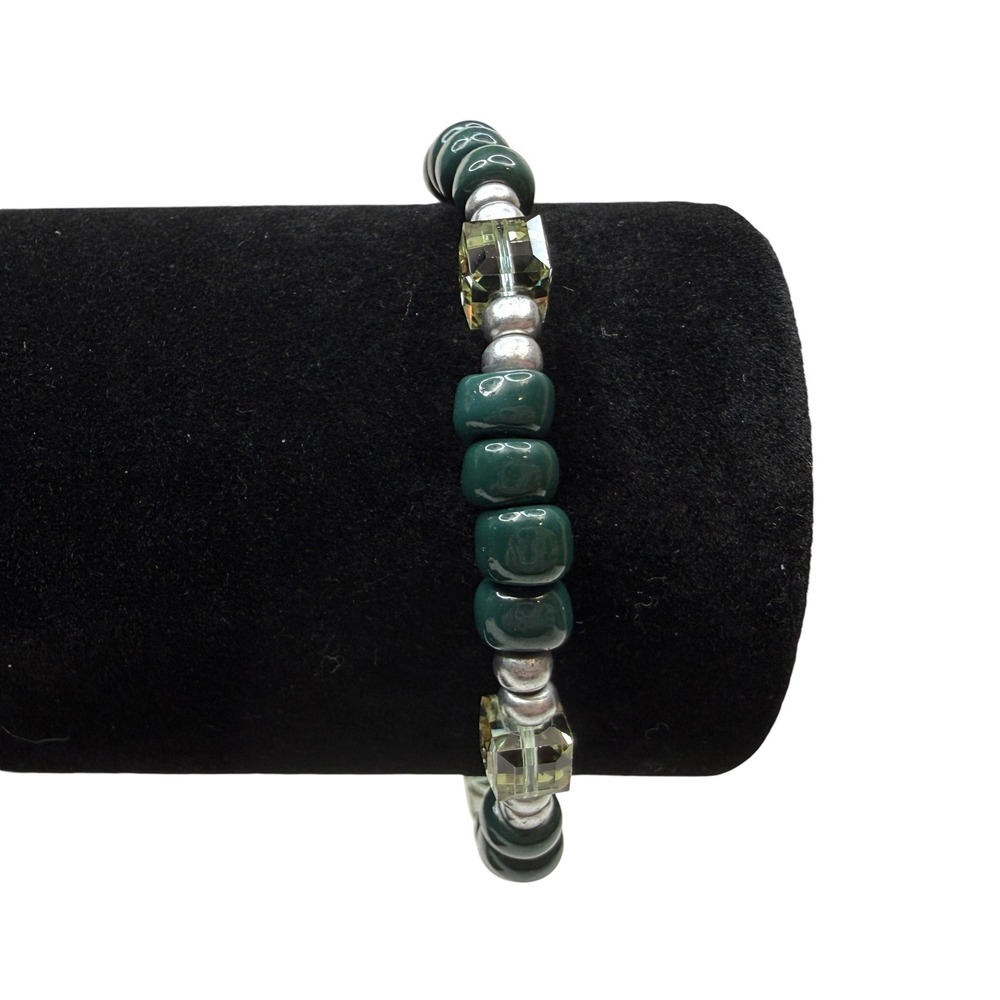 Green Glass Beaded Bracelet Faceted Crystal Cube Silver Accent Toggle Clasp
